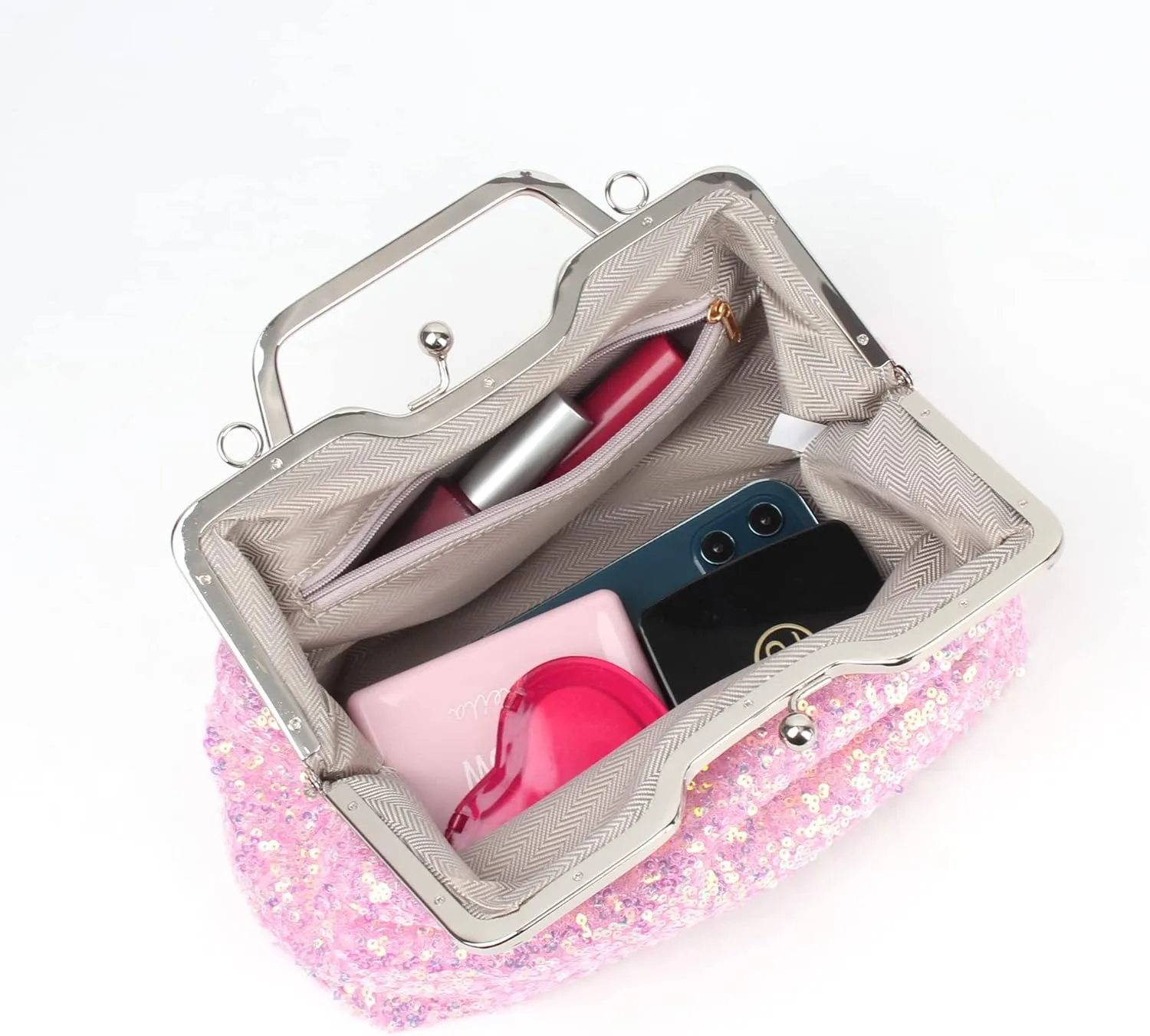 Women Mini Glitter Sequin Evening Handbag Clutch Metal Top-handle Bag Chain Strap Cross-body Bag