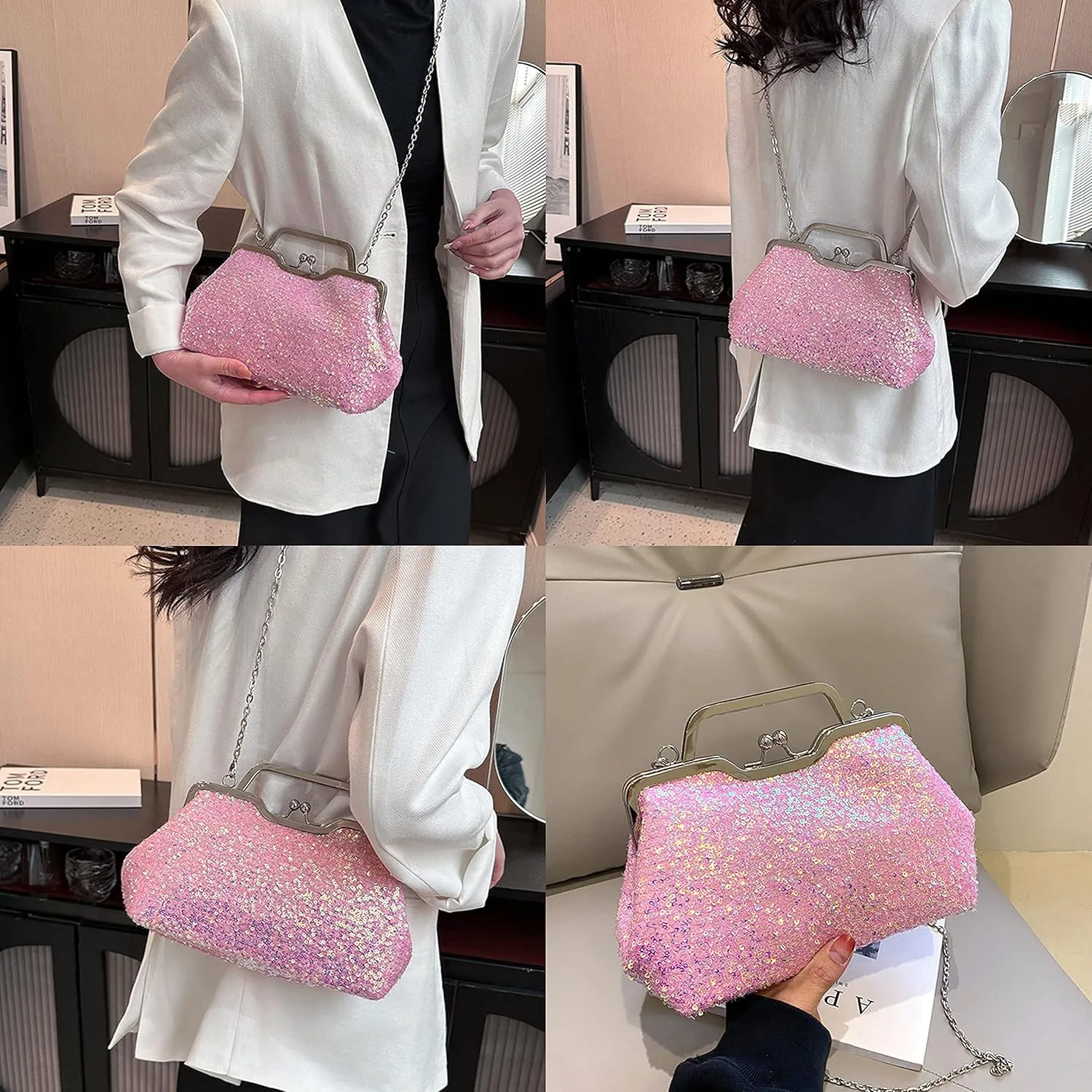 Women Mini Glitter Sequin Evening Handbag Clutch Metal Top-handle Bag Chain Strap Cross-body Bag