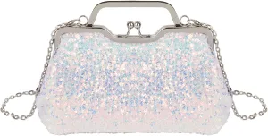 Women Mini Glitter Sequin Evening Handbag Clutch Metal Top-handle Bag Chain Strap Cross-body Bag