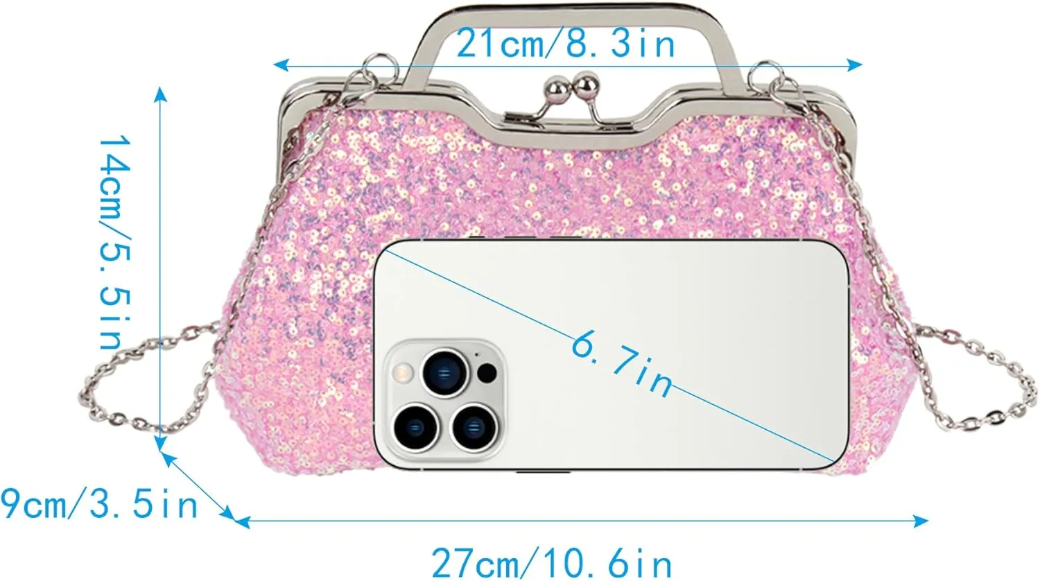 Women Mini Glitter Sequin Evening Handbag Clutch Metal Top-handle Bag Chain Strap Cross-body Bag