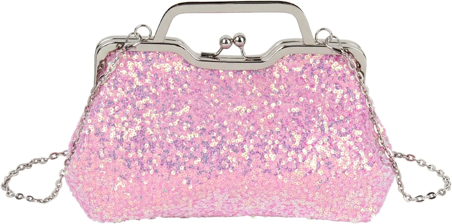 Women Mini Glitter Sequin Evening Handbag Clutch Metal Top-handle Bag Chain Strap Cross-body Bag