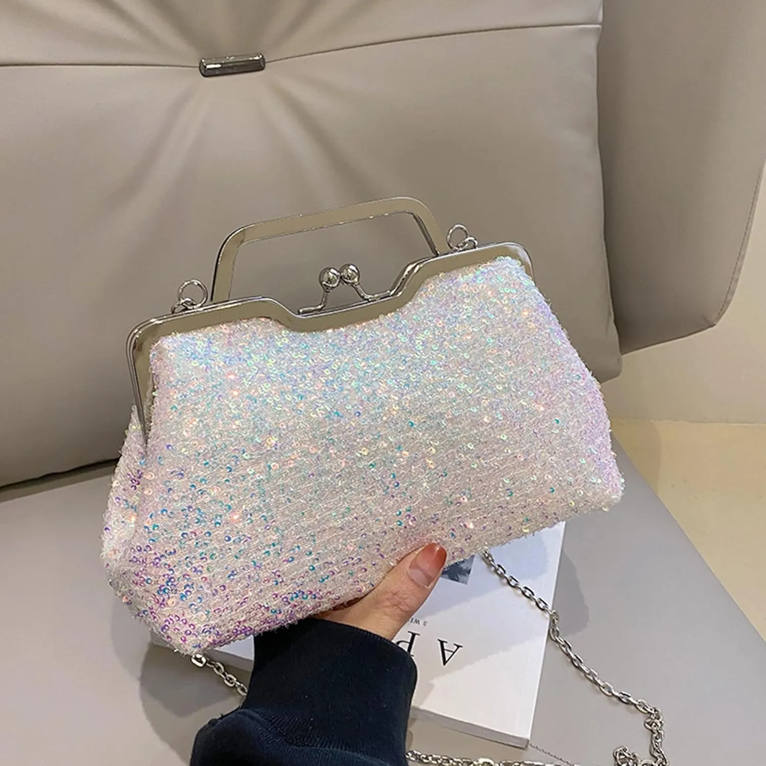 Women Mini Glitter Sequin Evening Handbag Clutch Metal Top-handle Bag Chain Strap Cross-body Bag