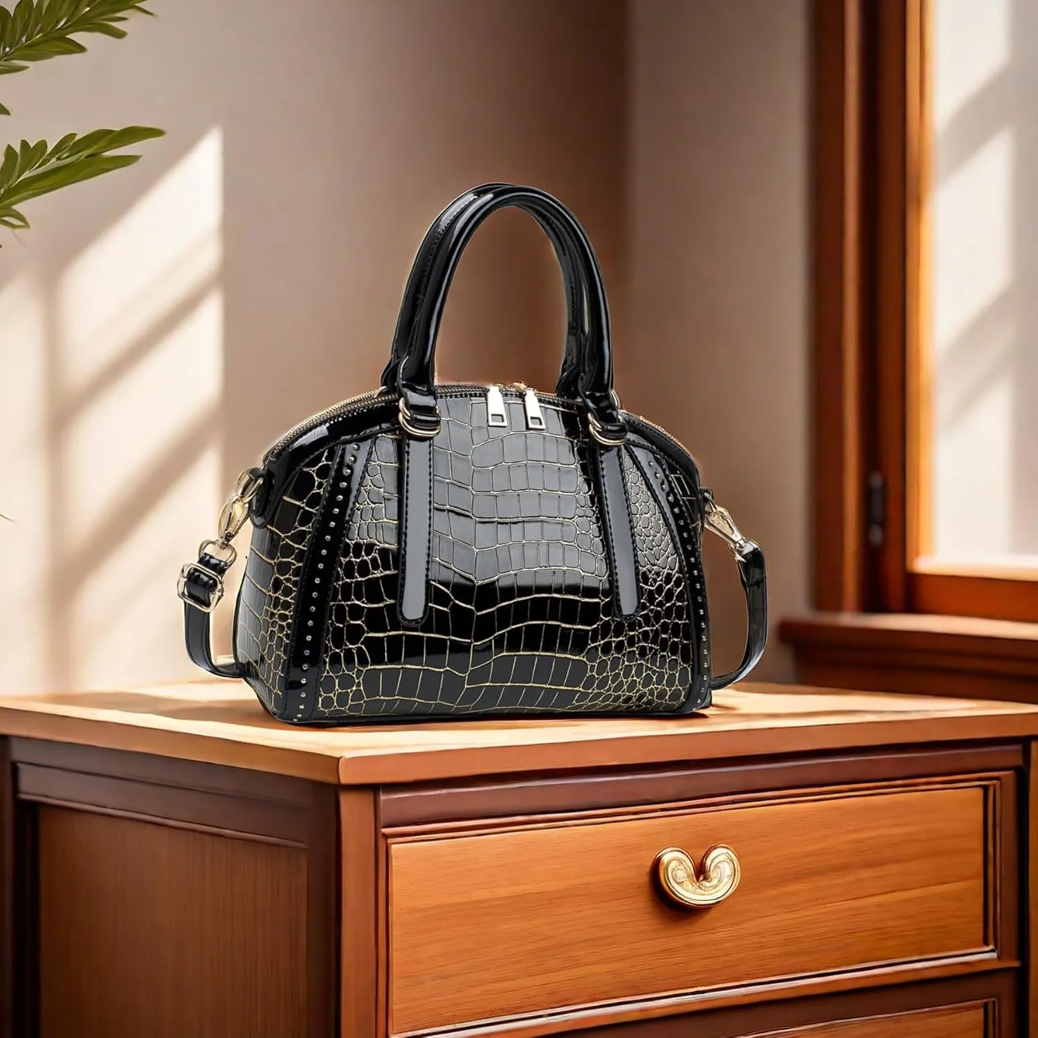 Women Patent Faux Leather Handbag Crossbody Purse Dome Satchel Purses Glossy Shell Shoulder Bag Top Handle Totes