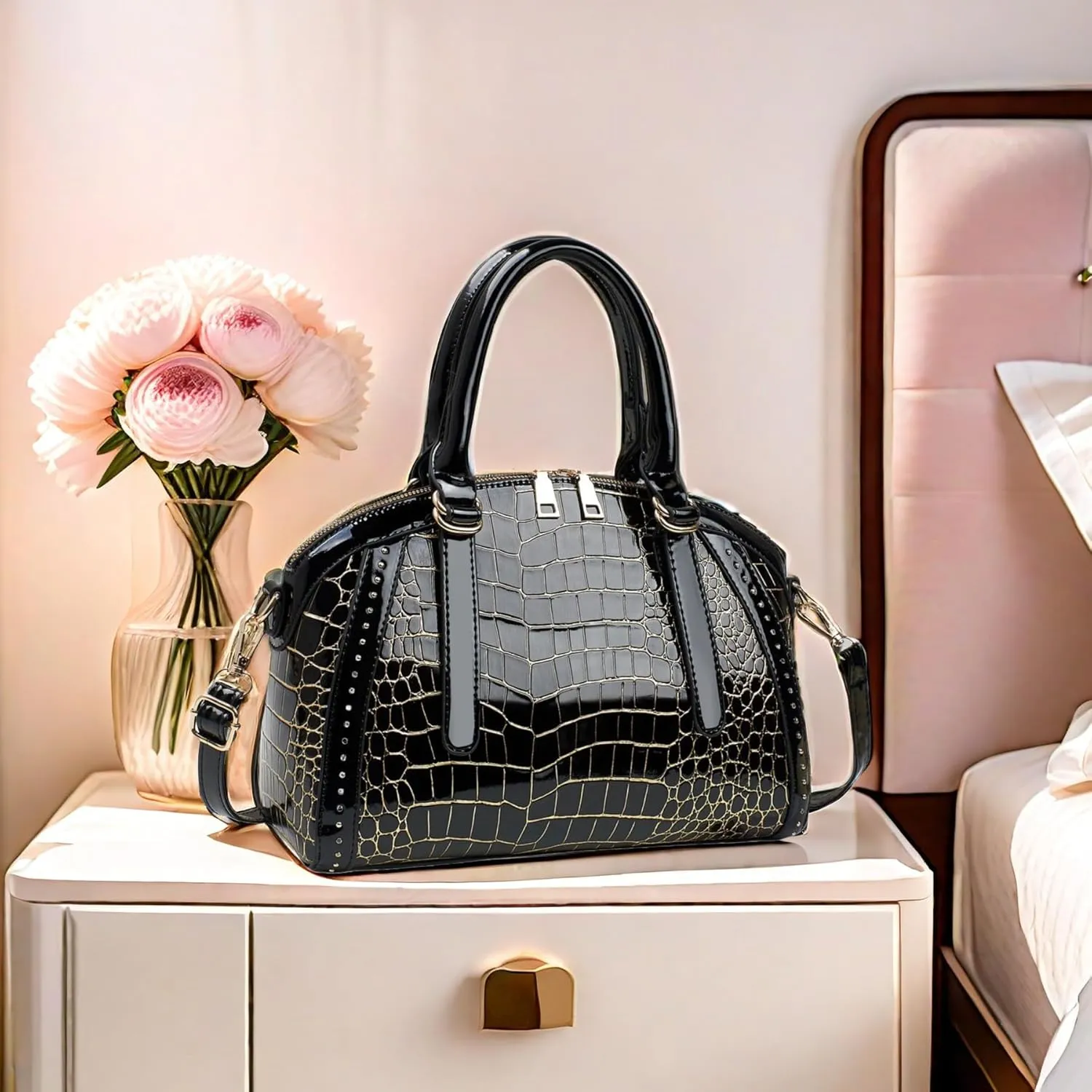 Women Patent Faux Leather Handbag Crossbody Purse Dome Satchel Purses Glossy Shell Shoulder Bag Top Handle Totes