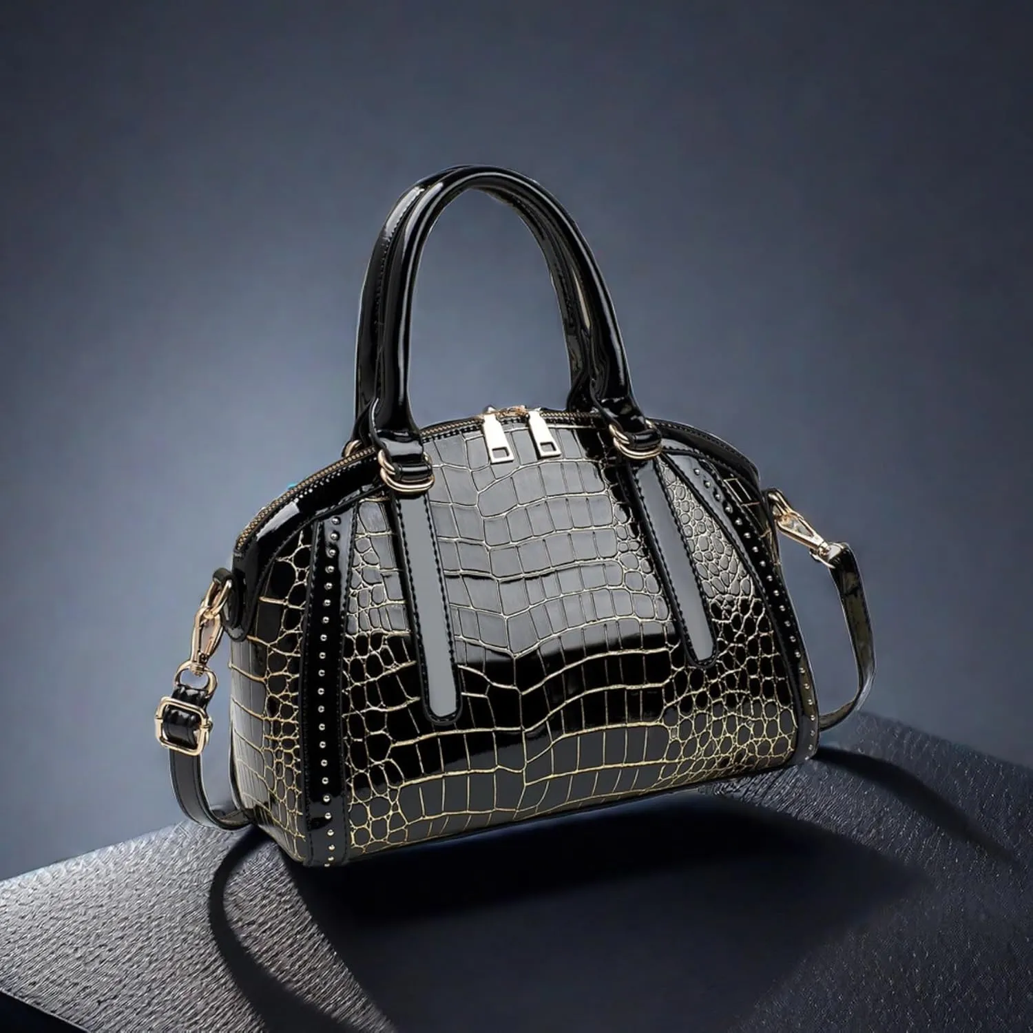 Women Patent Faux Leather Handbag Crossbody Purse Dome Satchel Purses Glossy Shell Shoulder Bag Top Handle Totes