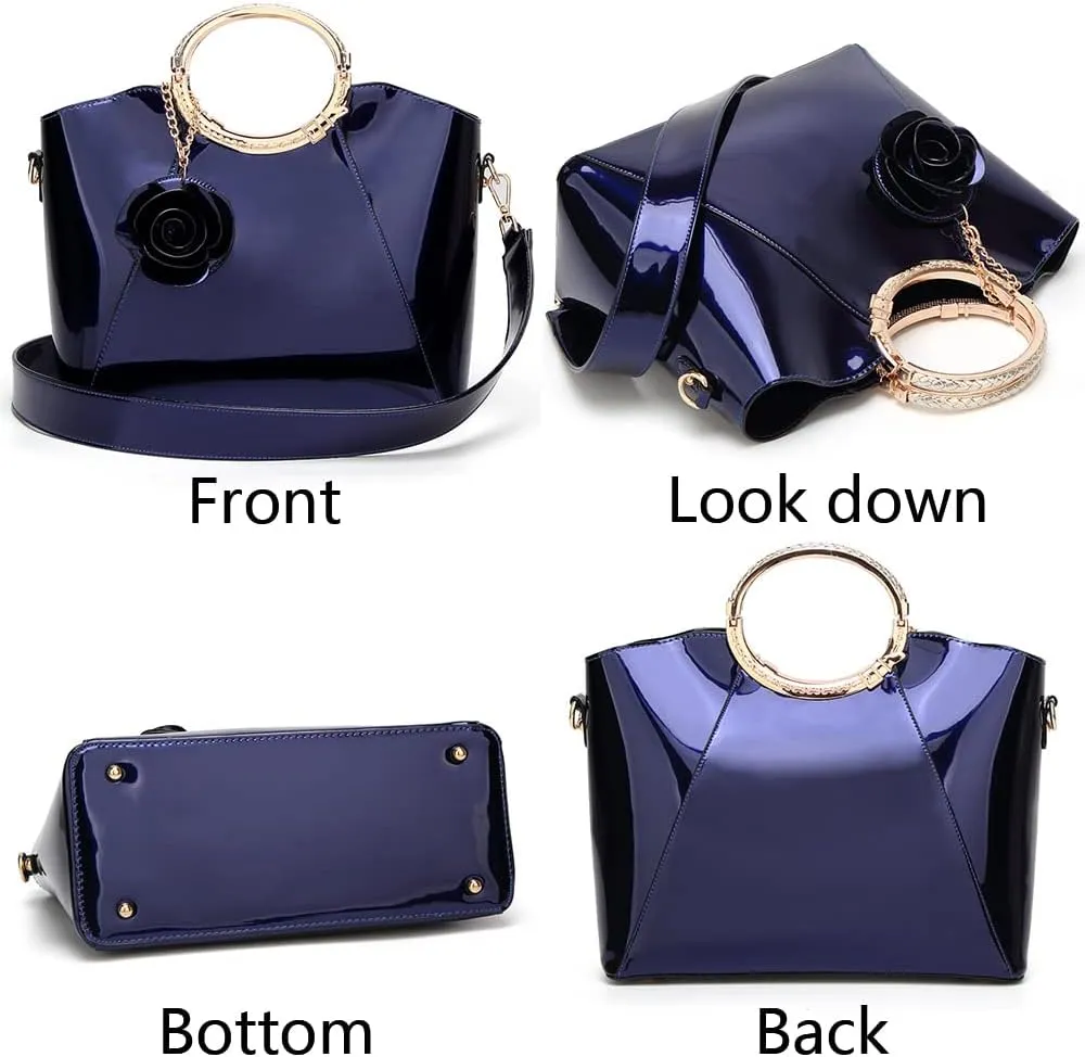 Women Purse Top-handle Bag Glossy Patent PU Leather Shoulder Bags Satchel Flower Pendant Handbag