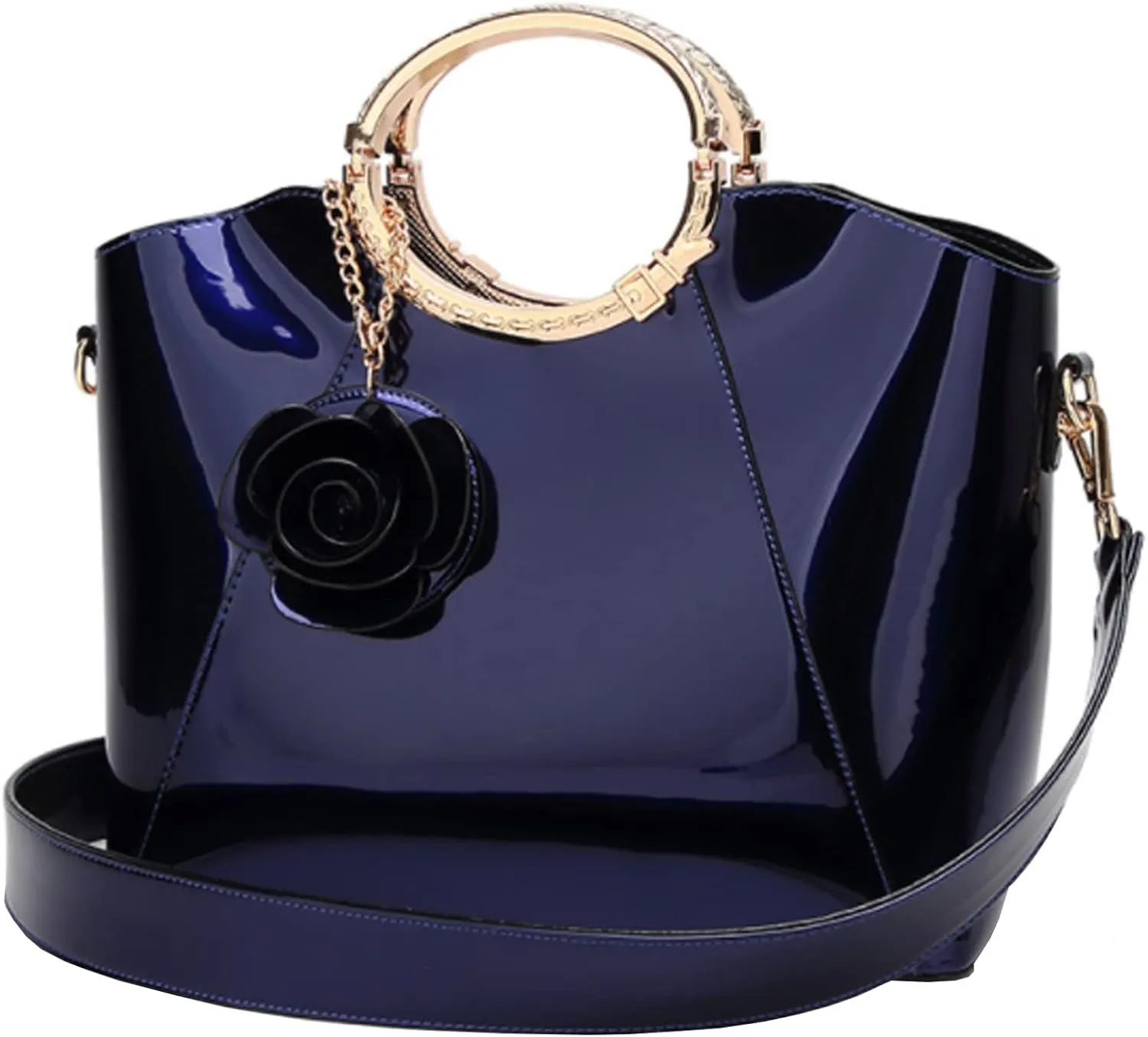 Women Purse Top-handle Bag Glossy Patent PU Leather Shoulder Bags Satchel Flower Pendant Handbag