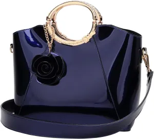 Women Purse Top-handle Bag Glossy Patent PU Leather Shoulder Bags Satchel Flower Pendant Handbag