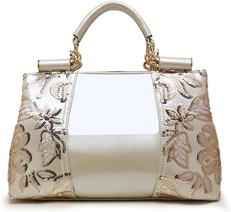 Women Sequin Embroidered Handbag and Purse Top Handle Satchel Glossy PU Leather Shoulder Bags