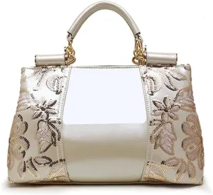Women Sequin Embroidered Handbag and Purse Top Handle Satchel Glossy PU Leather Shoulder Bags