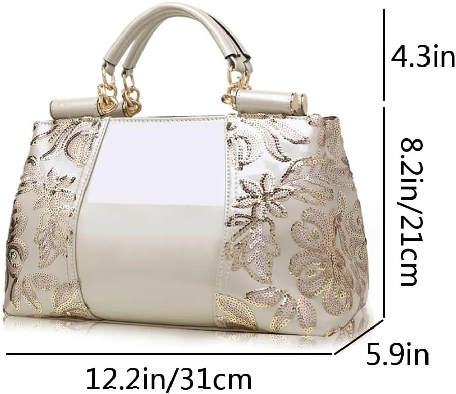 Women Sequin Embroidered Handbag and Purse Top Handle Satchel Glossy PU Leather Shoulder Bags