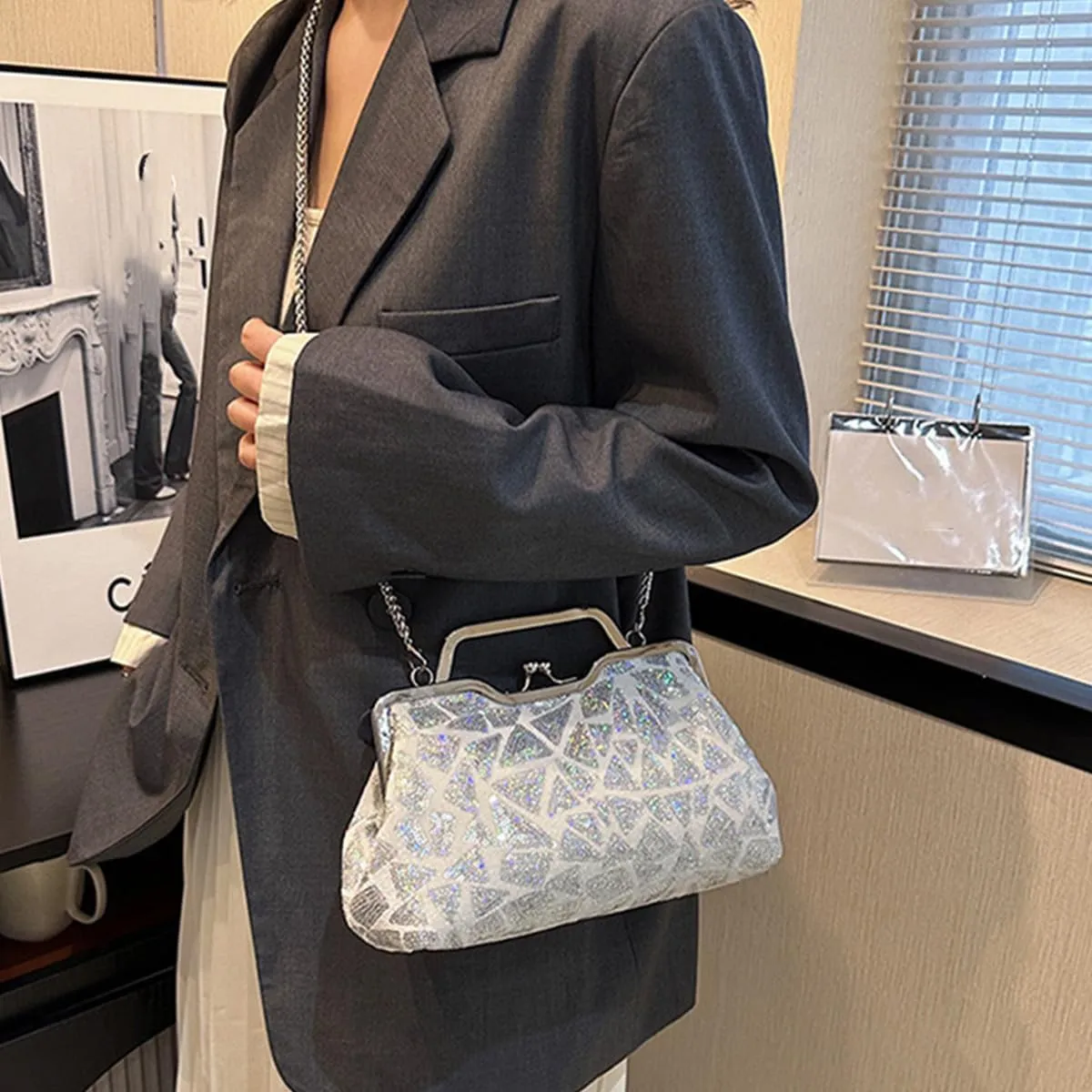 Women Sequins Evening Handbag Glitter Top Handle Purse Chain Cross-body Bag