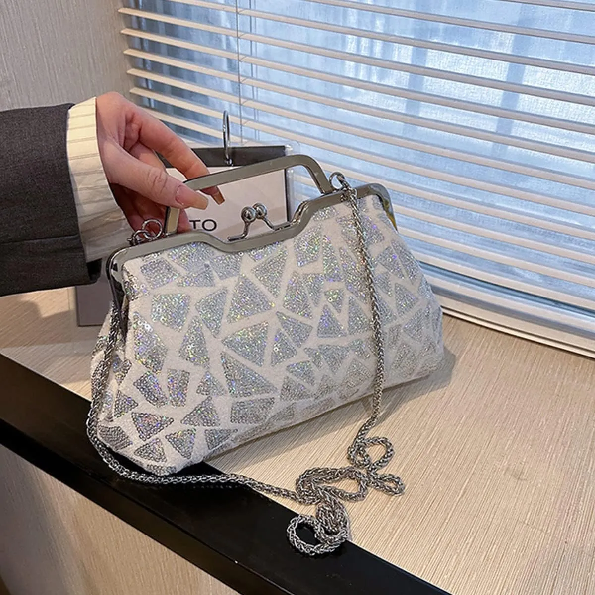 Women Sequins Evening Handbag Glitter Top Handle Purse Chain Cross-body Bag