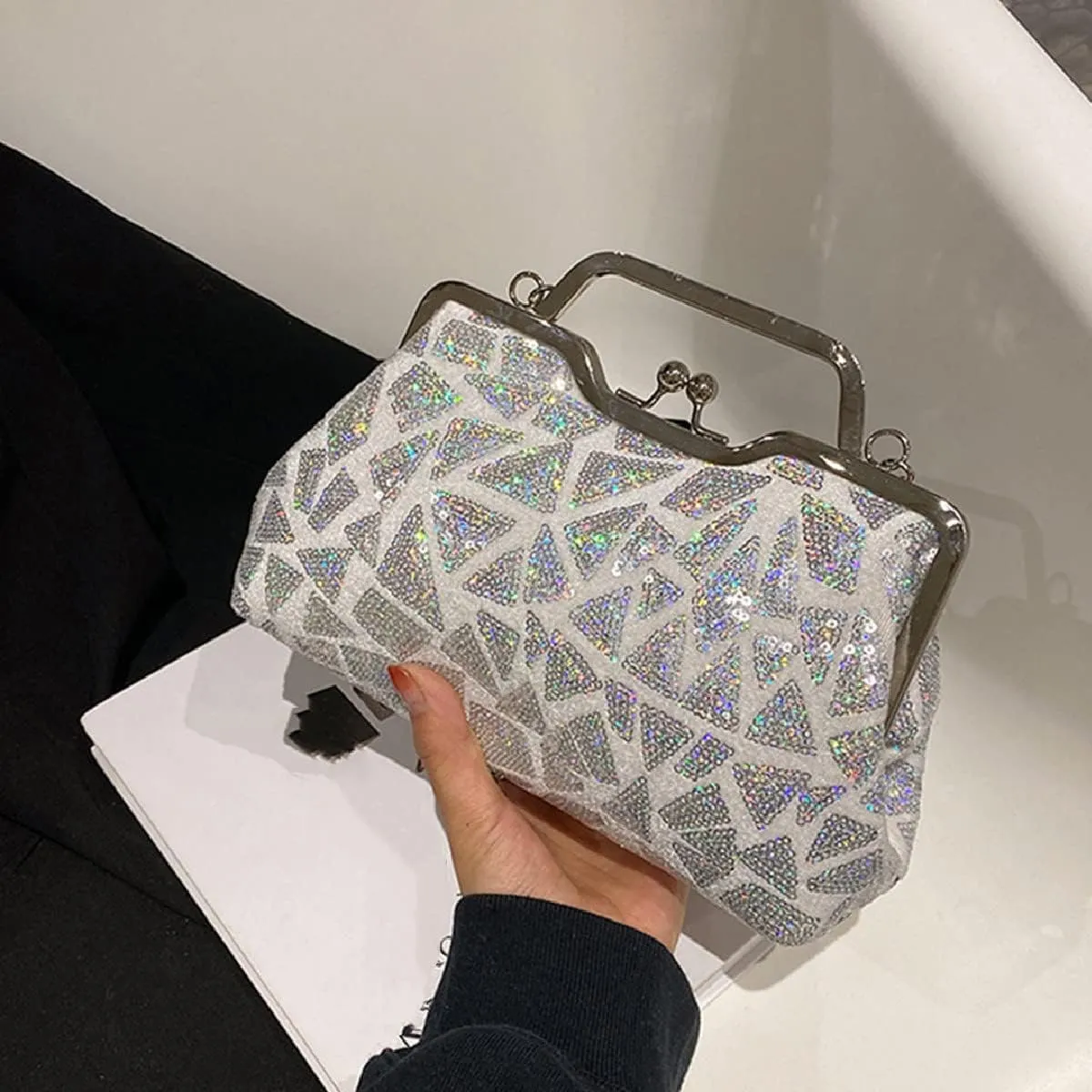 Women Sequins Evening Handbag Glitter Top Handle Purse Chain Cross-body Bag