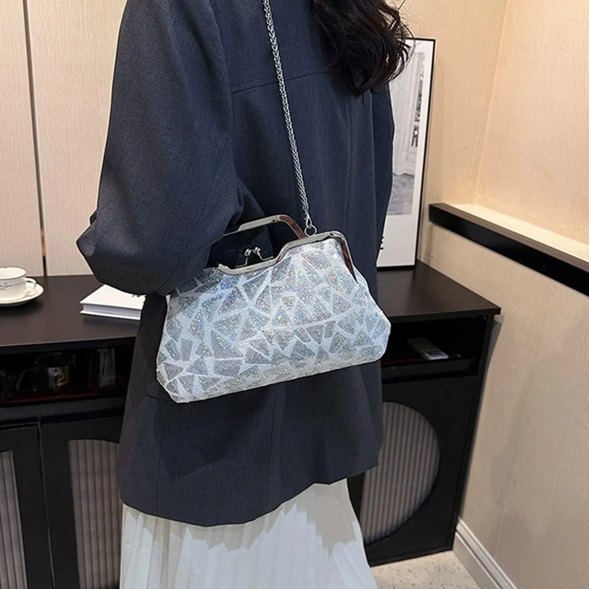 Women Sequins Evening Handbag Glitter Top Handle Purse Chain Cross-body Bag