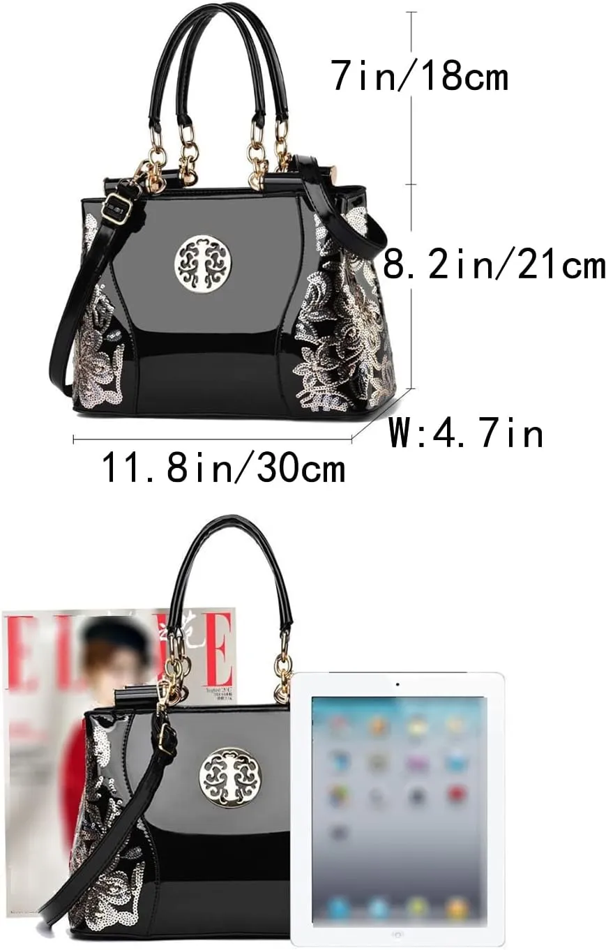 Women Synthetic Patent Bright Leather Portable Personality Tote Hobo Shoulder Crossbody Clutches Handbags