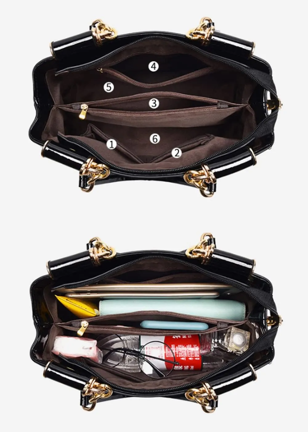 Women Synthetic Patent Bright Leather Portable Personality Tote Hobo Shoulder Crossbody Clutches Handbags