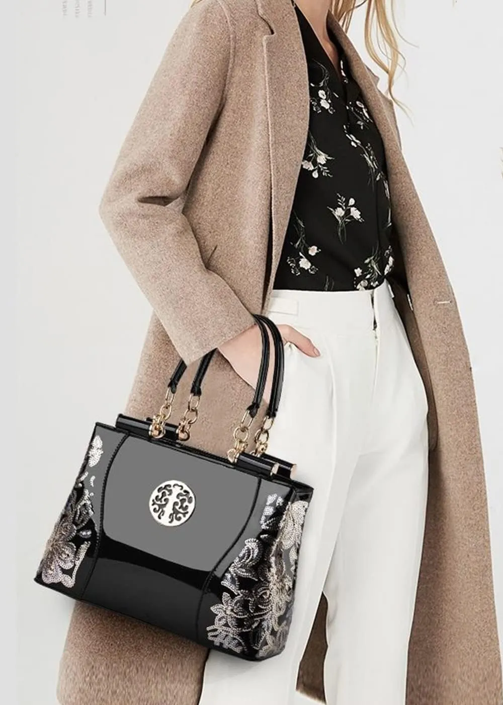 Women Synthetic Patent Bright Leather Portable Personality Tote Hobo Shoulder Crossbody Clutches Handbags