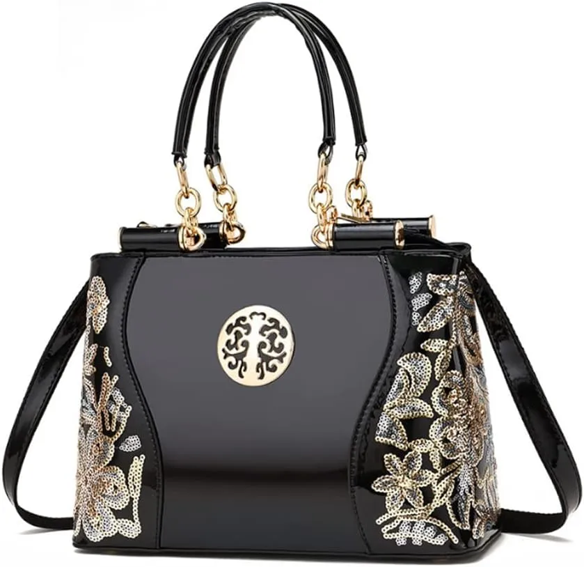 Women Synthetic Patent Bright Leather Portable Personality Tote Hobo Shoulder Crossbody Clutches Handbags