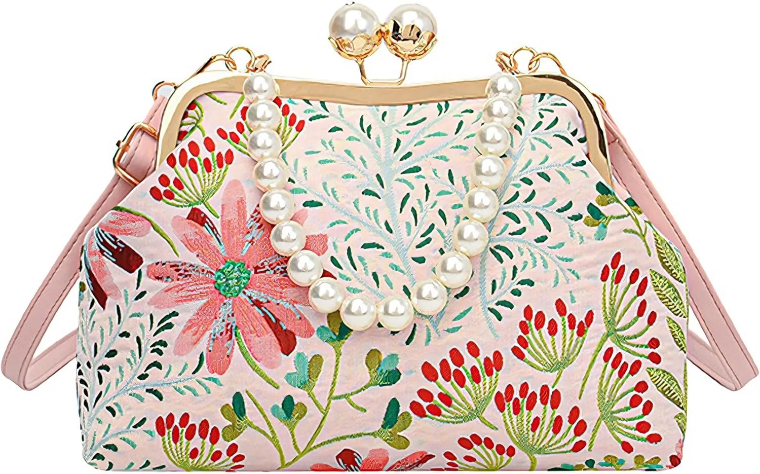 Women Vintage Floral Embroidered Top Handle Handbag Kiss Lock Elegant Clutch Purse Small Pearl Crossbody Bag