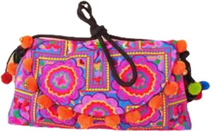 Women's Clutch Embroidery Bag Ethnic With Pom Pom For Woman Shoulder Bags Boho Handbag For Ladies Retro Purse Bags