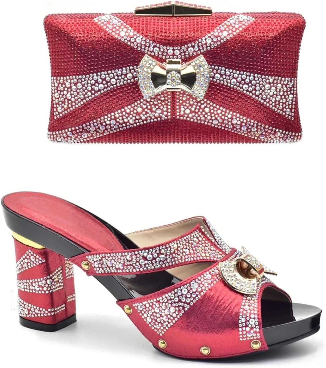 Women's Crimson Nigerian Party Collection - Italian Velvet Platform Heels & Embossed Leather Clutch for Festive Celebrations