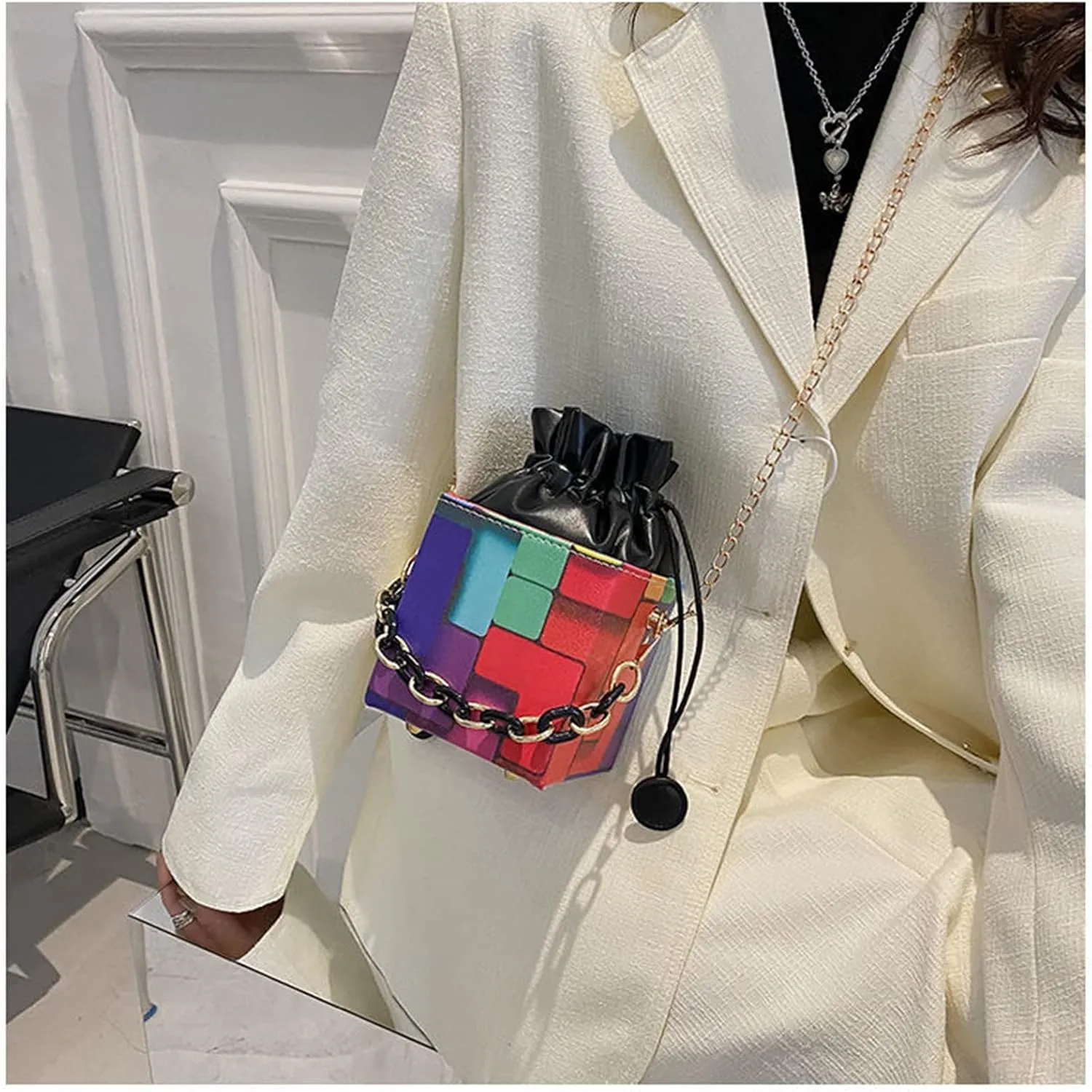 Women's Cube Shape Handbag Magic Shoulder Bag Clutch Bag with Super Long Shoulder Strap Camera Shoulder Bag PU Leather