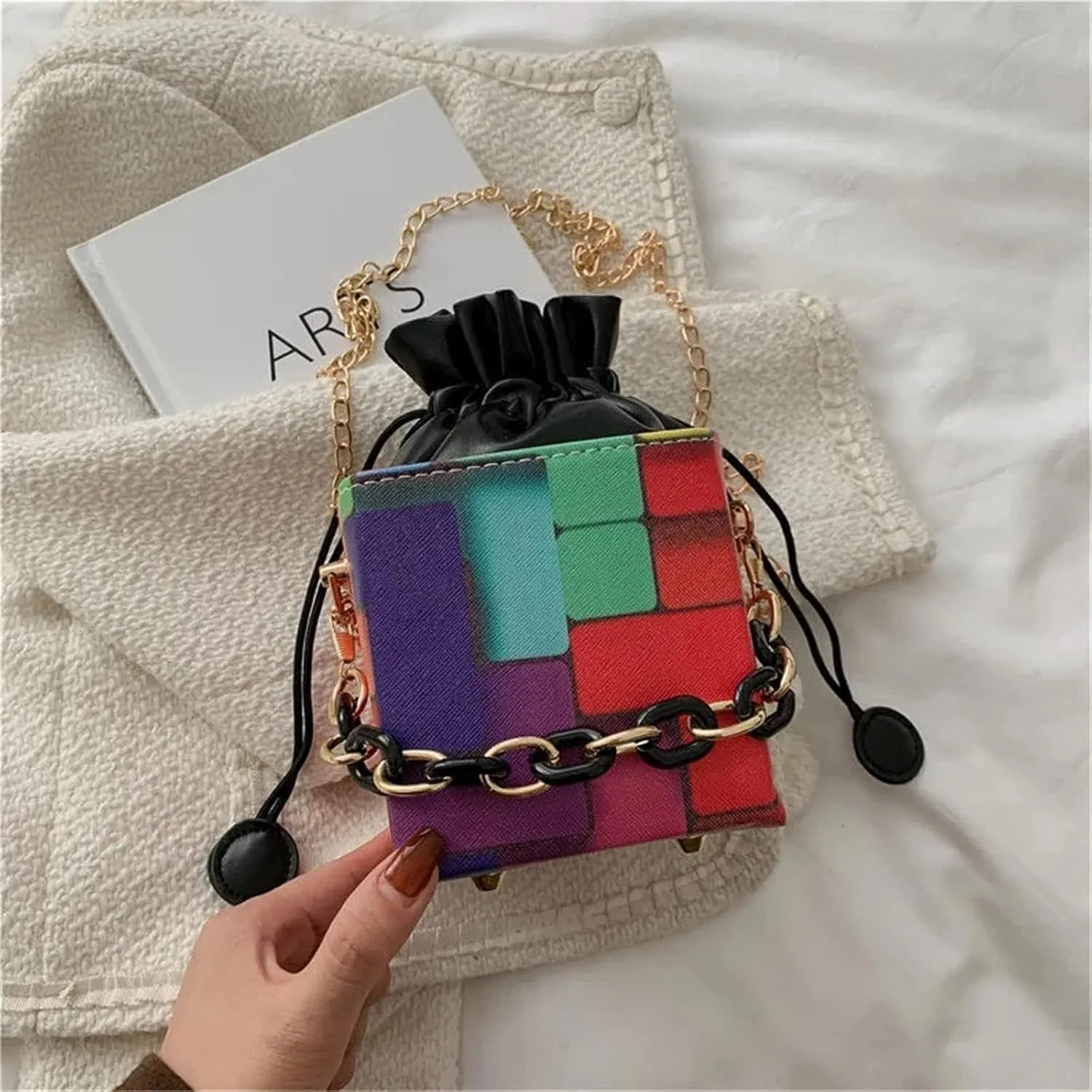 Women's Cube Shape Handbag Magic Shoulder Bag Clutch Bag with Super Long Shoulder Strap Camera Shoulder Bag PU Leather