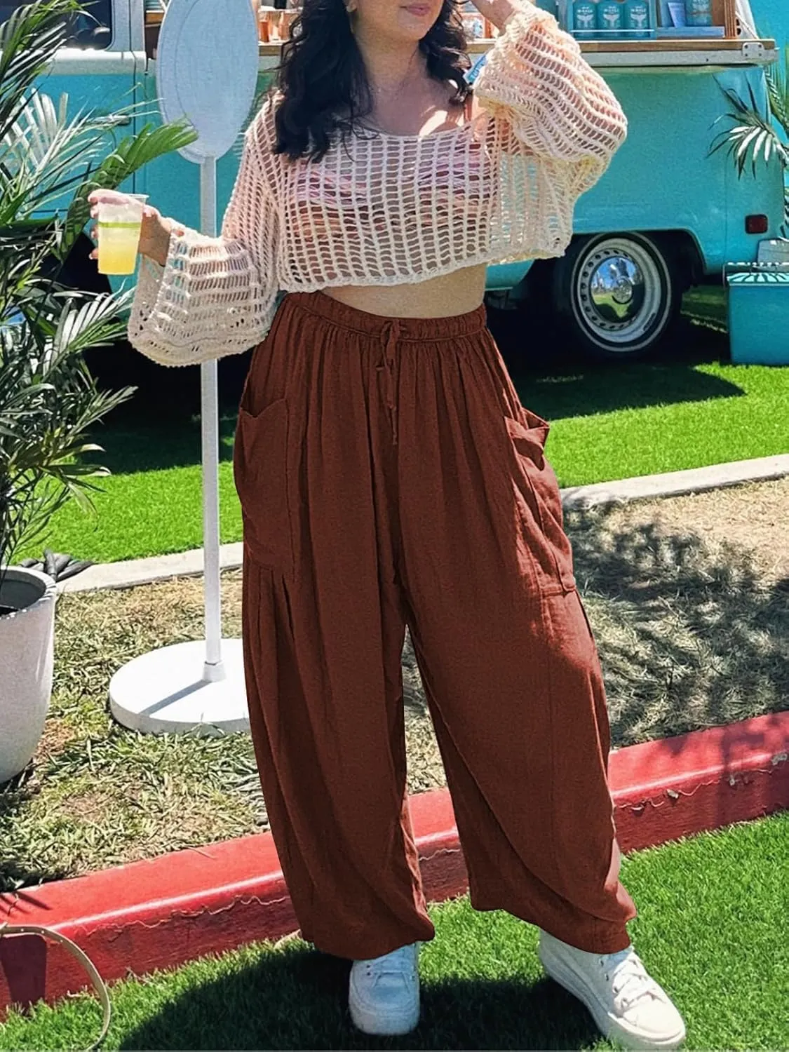 Women's Elastic Pleated High Waisted Wide Leg Pants Loose Casual Cotton Linen Long Lounge Trouser Palazzo Pant