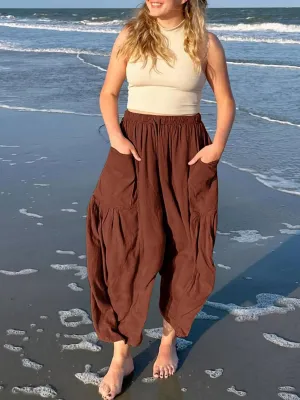 Women's Elastic Pleated High Waisted Wide Leg Pants Loose Casual Cotton Linen Long Lounge Trouser Palazzo Pant