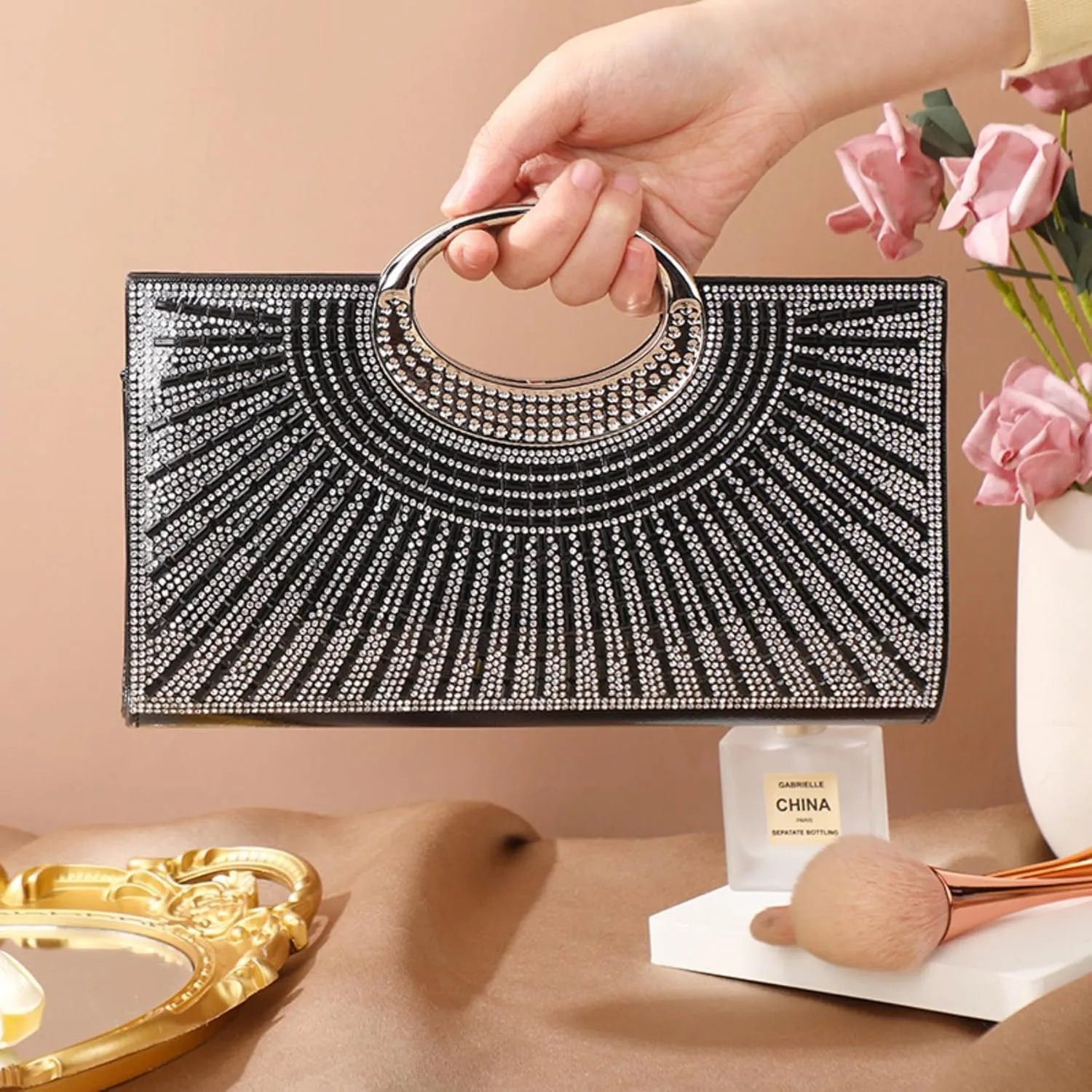 Women's Elegant Crystal Evening Handbag Glitter Top Handle Evening Purse Clutch Wedding Shoulder Bag Small Square Bag