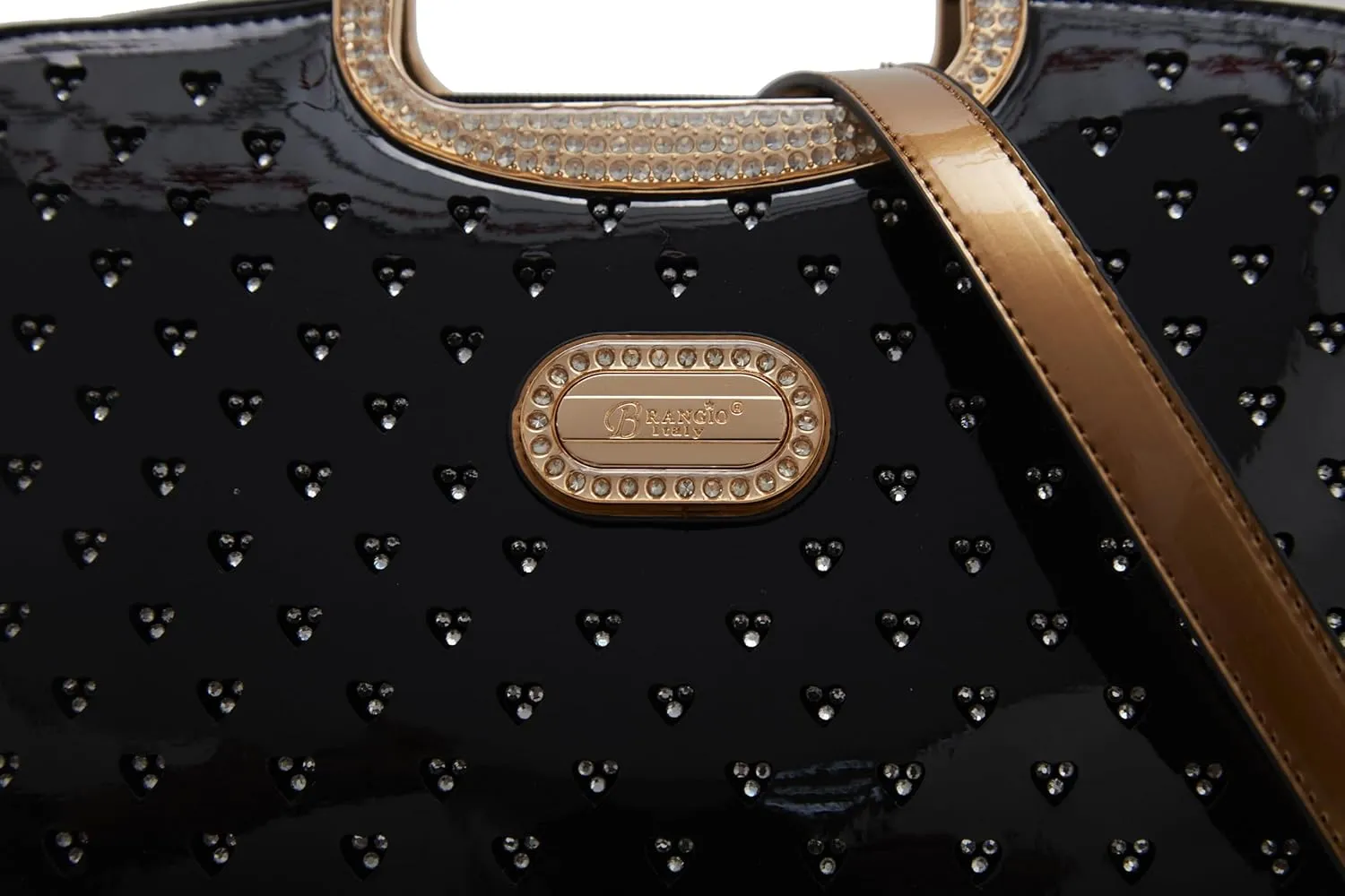 Women's Elegant Handbag – Designer Patent Leather Tote Bag, Heart Studs & Rhinestones, Top Handle with Crossbody Strap