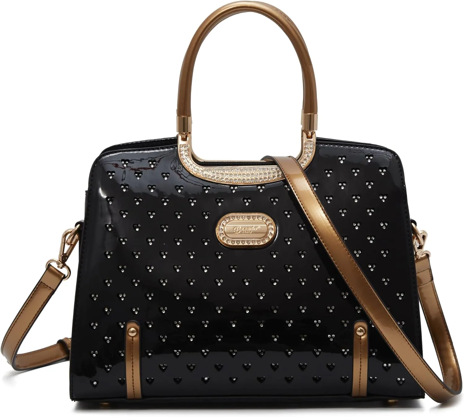 Women's Elegant Handbag – Designer Patent Leather Tote Bag, Heart Studs & Rhinestones, Top Handle with Crossbody Strap