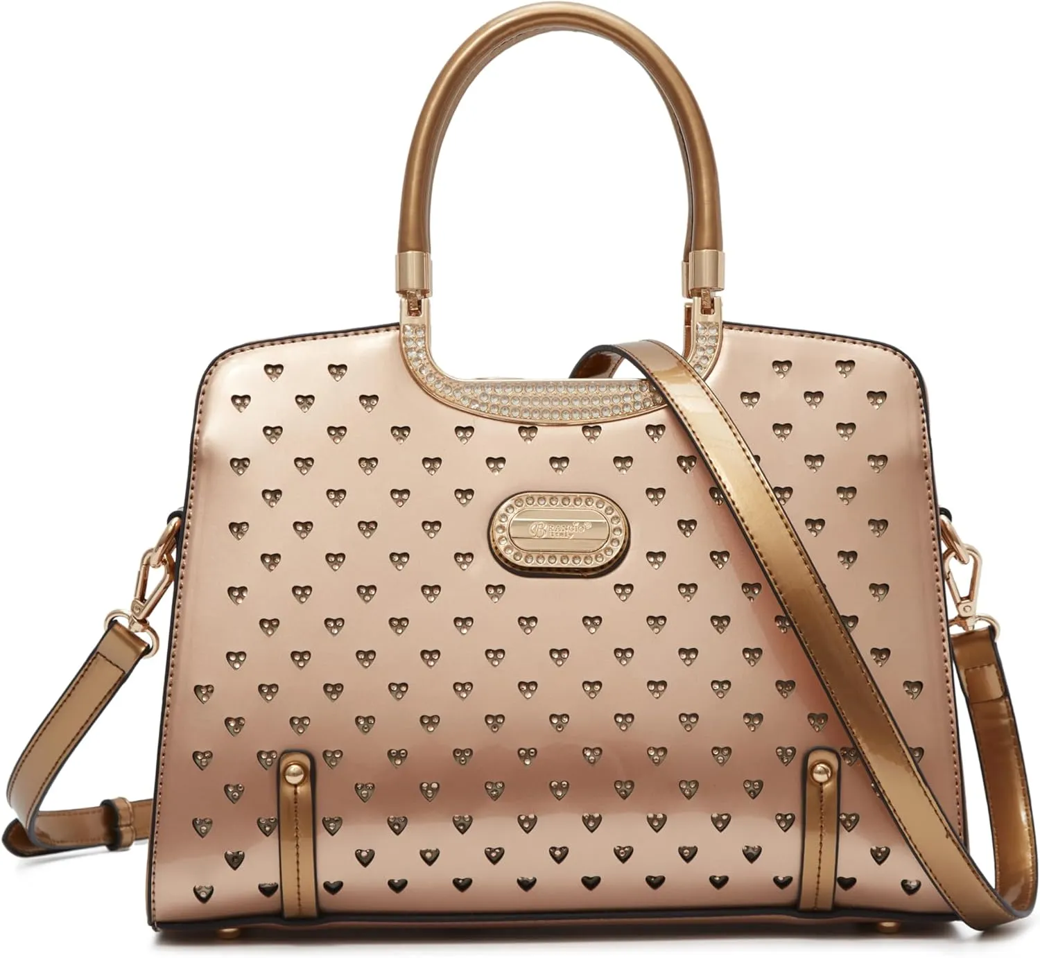 Women's Elegant Handbag – Designer Patent Leather Tote Bag, Heart Studs & Rhinestones, Top Handle with Crossbody Strap