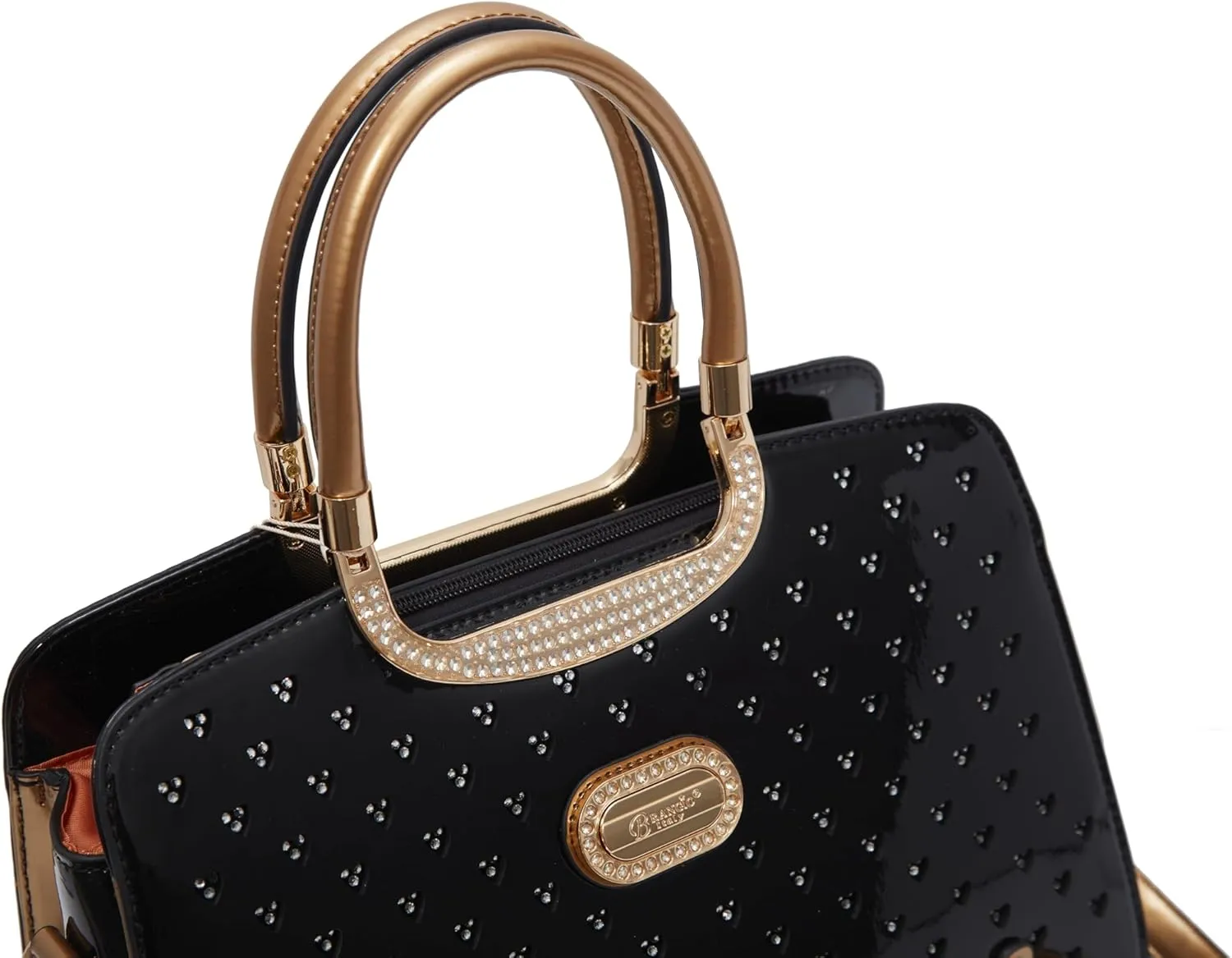 Women's Elegant Handbag – Designer Patent Leather Tote Bag, Heart Studs & Rhinestones, Top Handle with Crossbody Strap