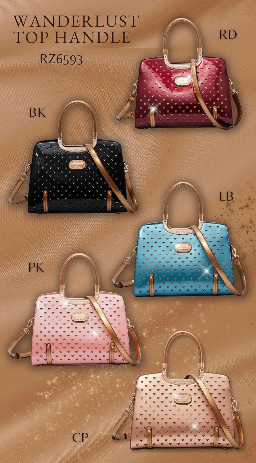 Women's Elegant Handbag – Designer Patent Leather Tote Bag, Heart Studs & Rhinestones, Top Handle with Crossbody Strap