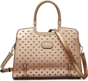 Women's Elegant Handbag – Designer Patent Leather Tote Bag, Heart Studs & Rhinestones, Top Handle with Crossbody Strap