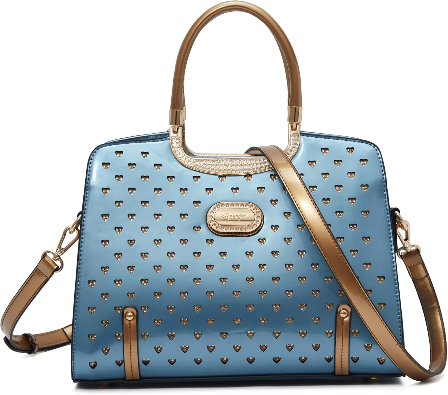 Women's Elegant Handbag – Designer Patent Leather Tote Bag, Heart Studs & Rhinestones, Top Handle with Crossbody Strap