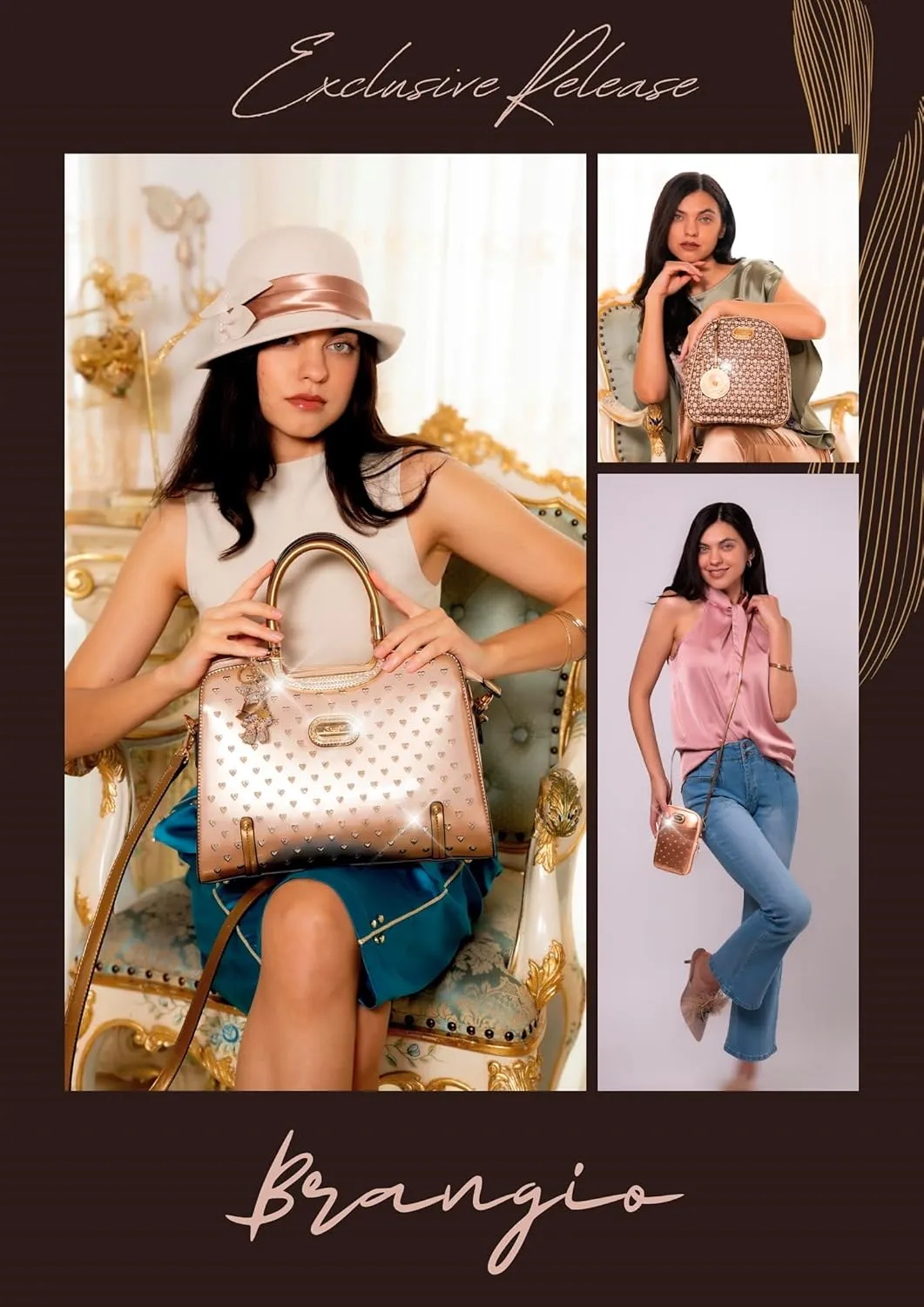 Women's Elegant Handbag – Designer Patent Leather Tote Bag, Heart Studs & Rhinestones, Top Handle with Crossbody Strap