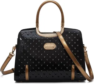 Women's Elegant Handbag – Designer Patent Leather Tote Bag, Heart Studs & Rhinestones, Top Handle with Crossbody Strap