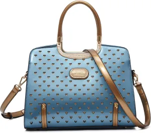 Women's Elegant Handbag – Designer Patent Leather Tote Bag, Heart Studs & Rhinestones, Top Handle with Crossbody Strap
