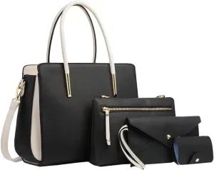 Womens Fashion Vegan Leather Handbags Tote Bag Shoulder Crossbody Bag Work Top Handle Satchel Purse Set 4pcs