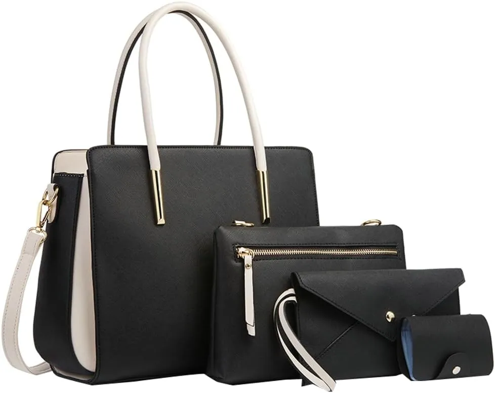 Womens Fashion Vegan Leather Handbags Tote Bag Shoulder Crossbody Bag Work Top Handle Satchel Purse Set 4pcs