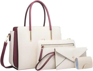 Womens Fashion Vegan Leather Handbags Tote Bag Shoulder Crossbody Bag Work Top Handle Satchel Purse Set 4pcs