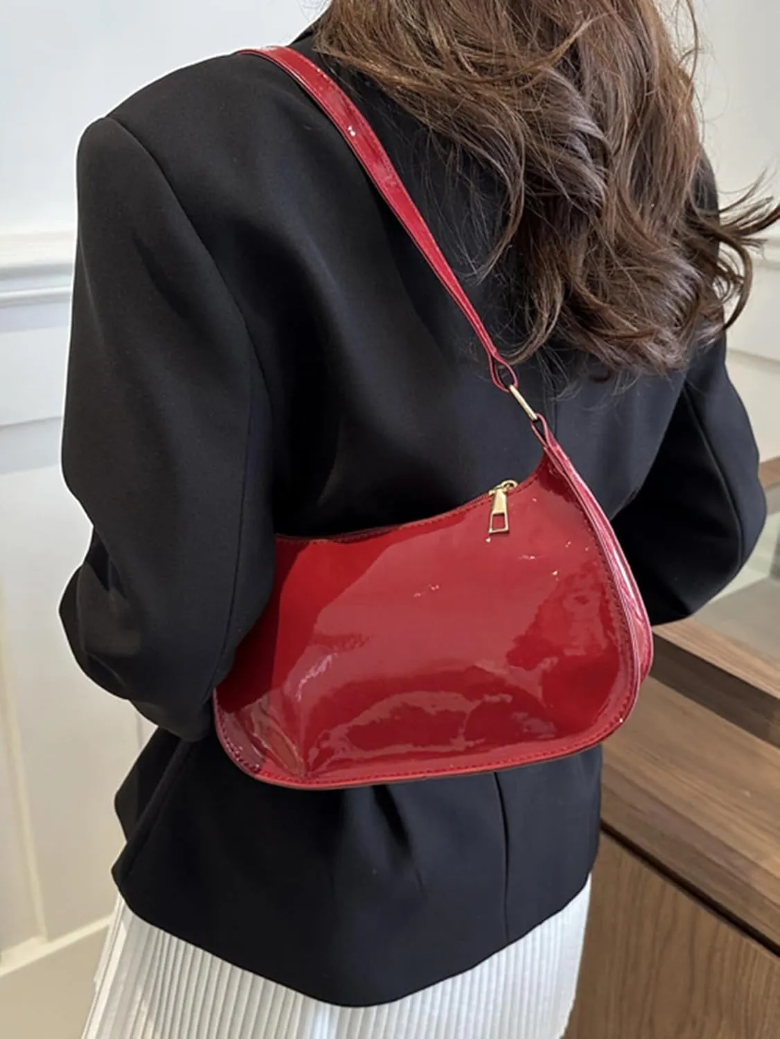 Women's Glossy Retro Underarm Purses Zipper Hobo Bags Clutch Shoulder Strap Tote Handbags Crescent Bags