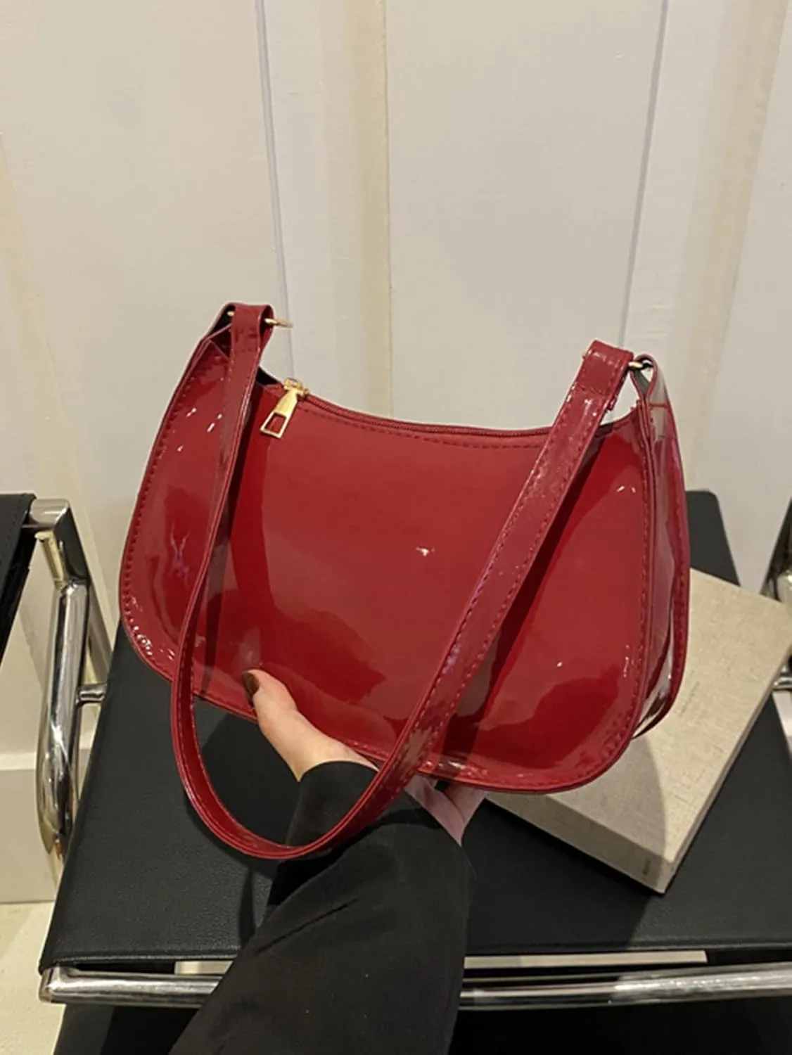Women's Glossy Retro Underarm Purses Zipper Hobo Bags Clutch Shoulder Strap Tote Handbags Crescent Bags