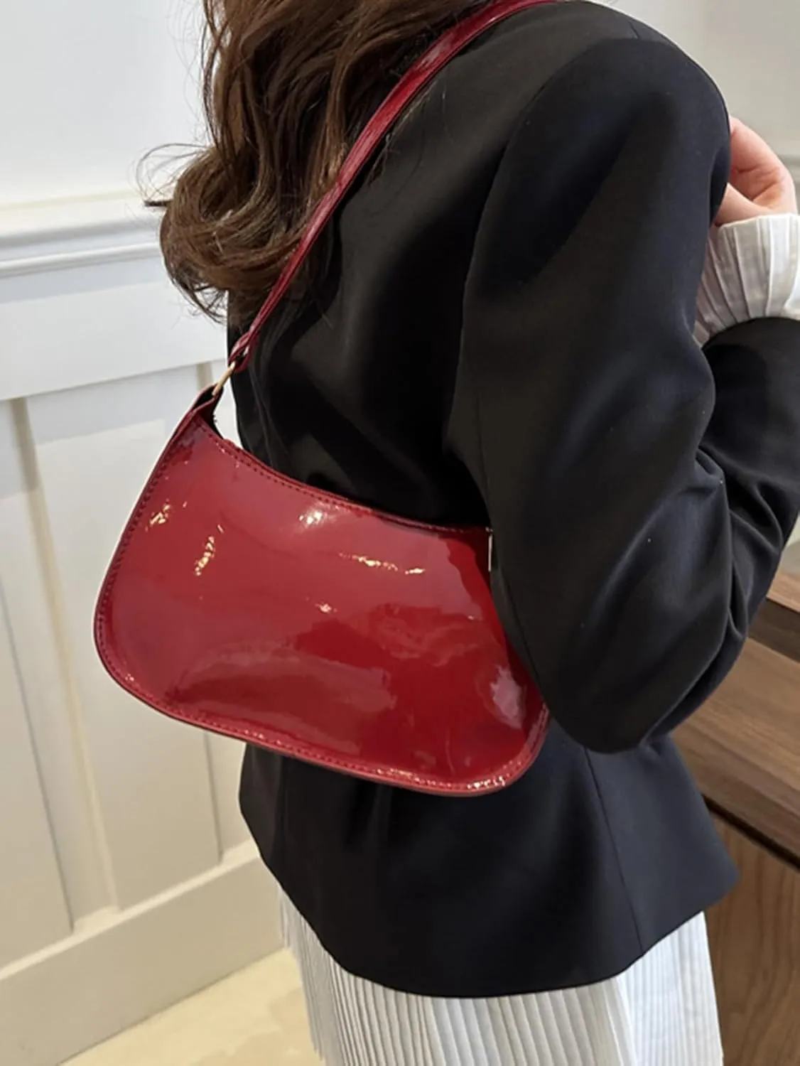 Women's Glossy Retro Underarm Purses Zipper Hobo Bags Clutch Shoulder Strap Tote Handbags Crescent Bags