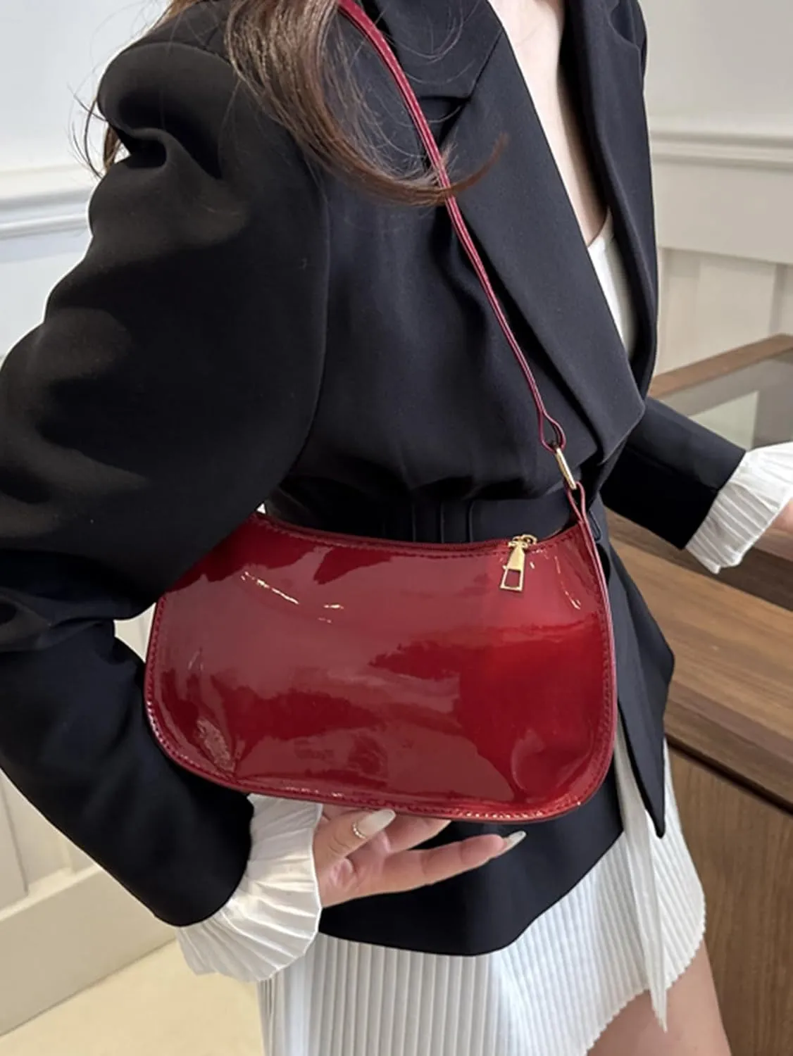 Women's Glossy Retro Underarm Purses Zipper Hobo Bags Clutch Shoulder Strap Tote Handbags Crescent Bags