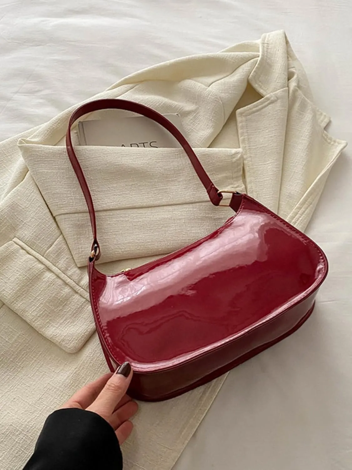 Women's Glossy Retro Underarm Purses Zipper Hobo Bags Clutch Shoulder Strap Tote Handbags Crescent Bags