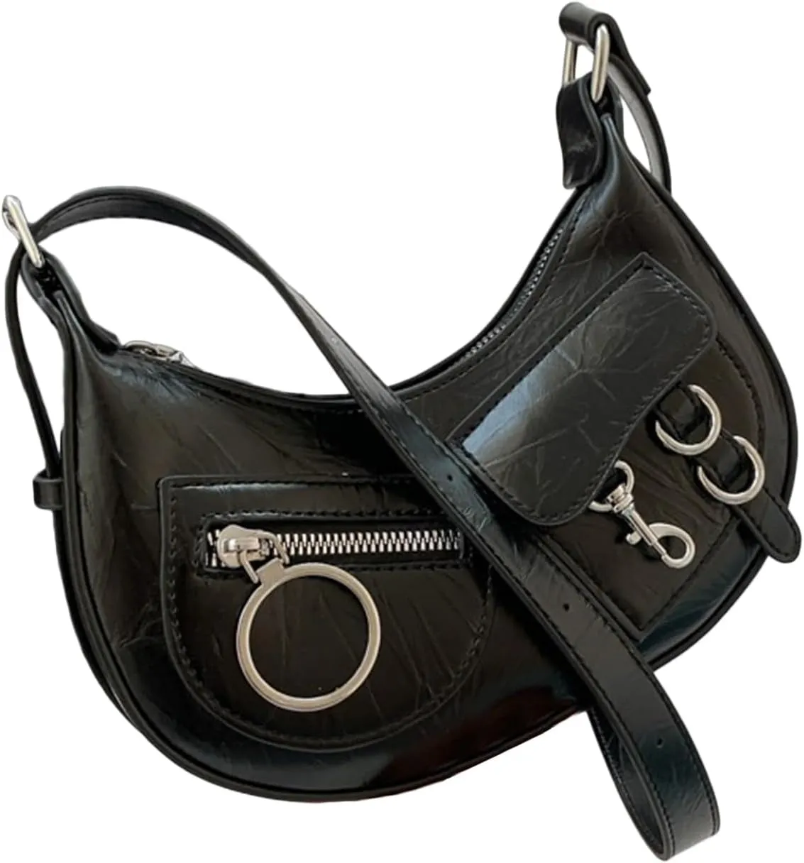 Women's Glossy Y2K Hobo Bags PU Leather Zipper Clutch Shoulder Strap Tote Handbags